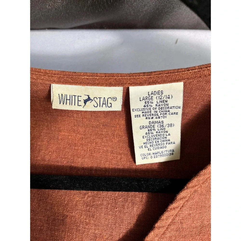 White Stag Linen‎ Blend Embroidered Midi Dress Rust Orange Sleeveless Large